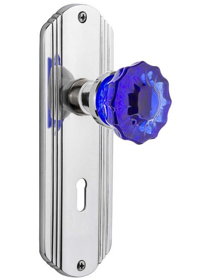 Streamline Deco Mortise Lock Set with Colored Fluted Crystal Glass Knobs Cobalt Blue in Polished Chrome.